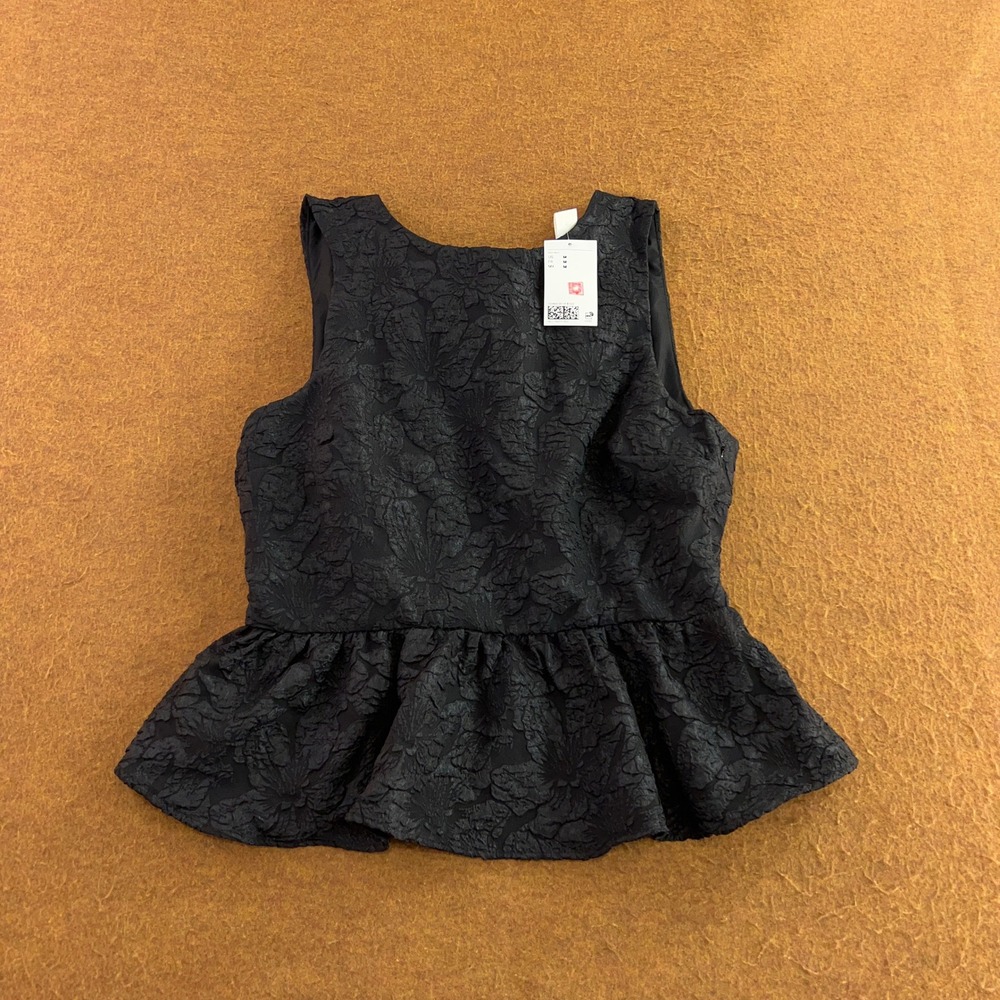 H&M Womens Medium Black Floral Jacquard Open Back Bow Peplum Top NWT *Flaw